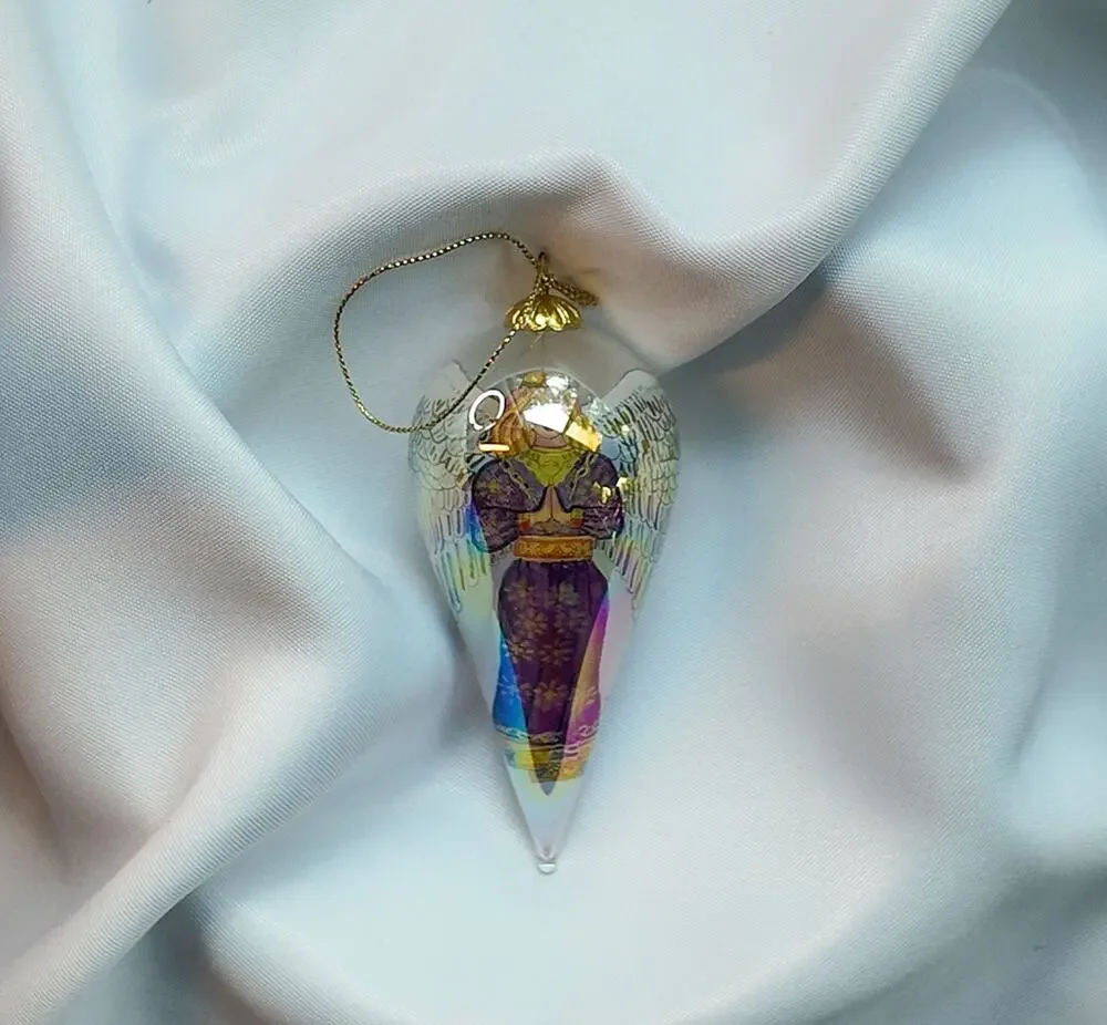 Li Bien Reverse Painted Glass Angel Ornament, Purple Velvet Box